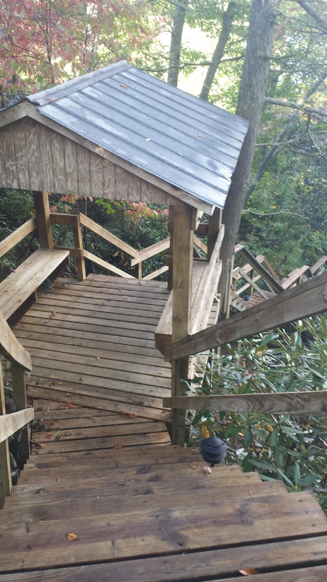 Metal roofed shelter over wooden steps on a wooded walkway — Skylight Repair & Installation work by our crew in Covina